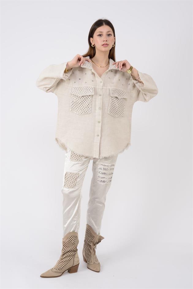 29571 TAŞ İŞLEMELİ KETEN CEKET