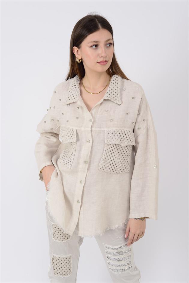 29571 TAŞ İŞLEMELİ KETEN CEKET