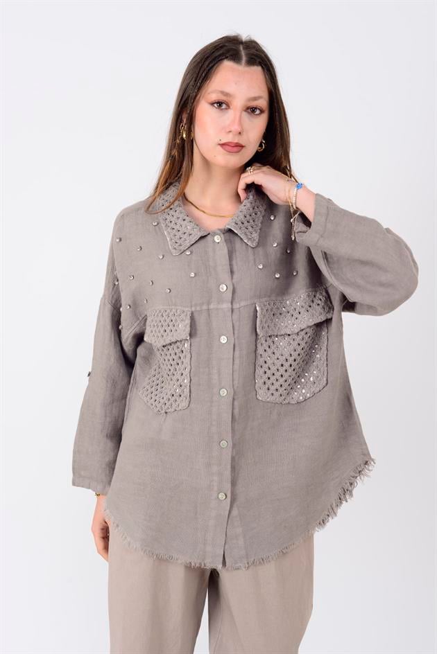 29571 TAŞ İŞLEMELİ KETEN CEKET