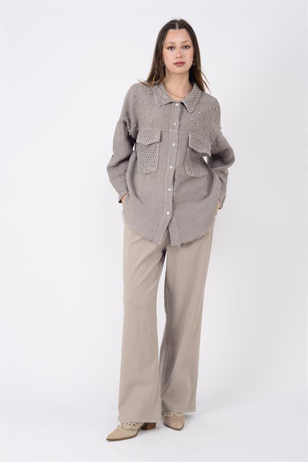 29571 TAŞ İŞLEMELİ KETEN CEKET