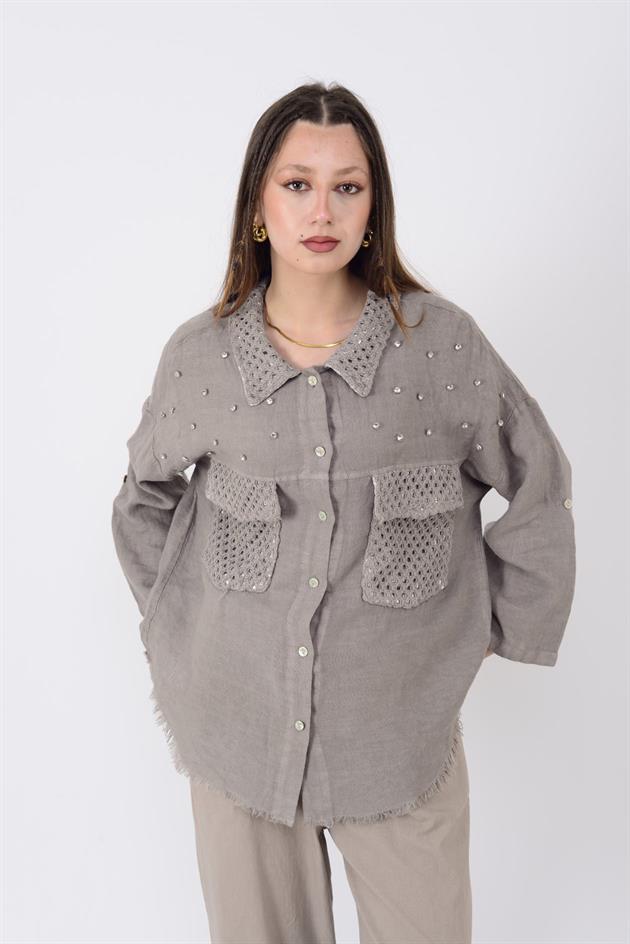 29571 TAŞ İŞLEMELİ KETEN CEKET