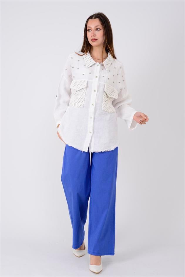 29571 TAŞ İŞLEMELİ KETEN CEKET