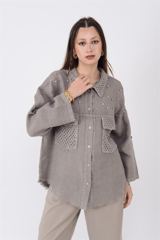 29571 TAŞ İŞLEMELİ KETEN CEKET