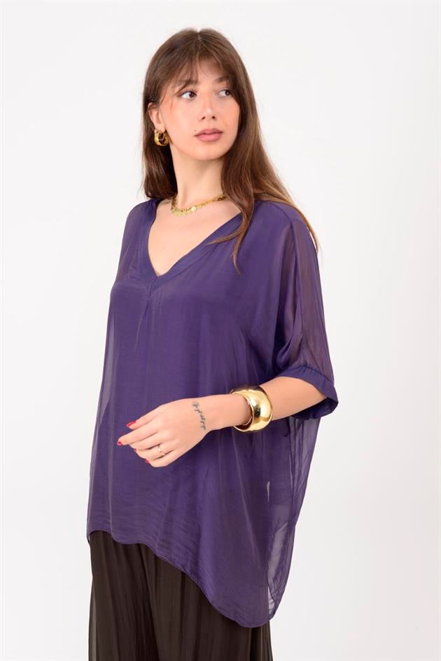 2967 DÜZ DESEN V YAKA İPEK BLUZ