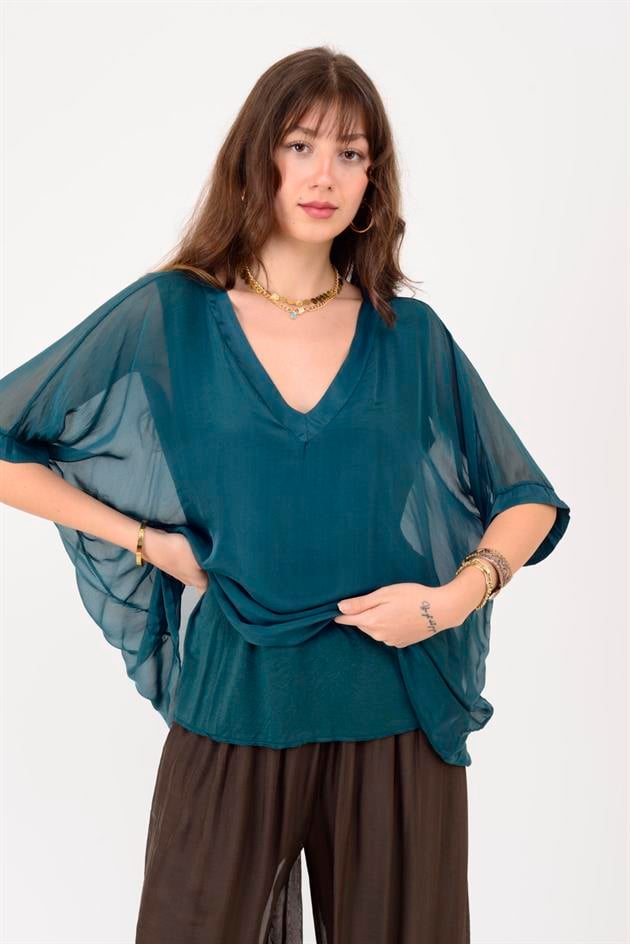 2967 DÜZ DESEN V YAKA İPEK BLUZ