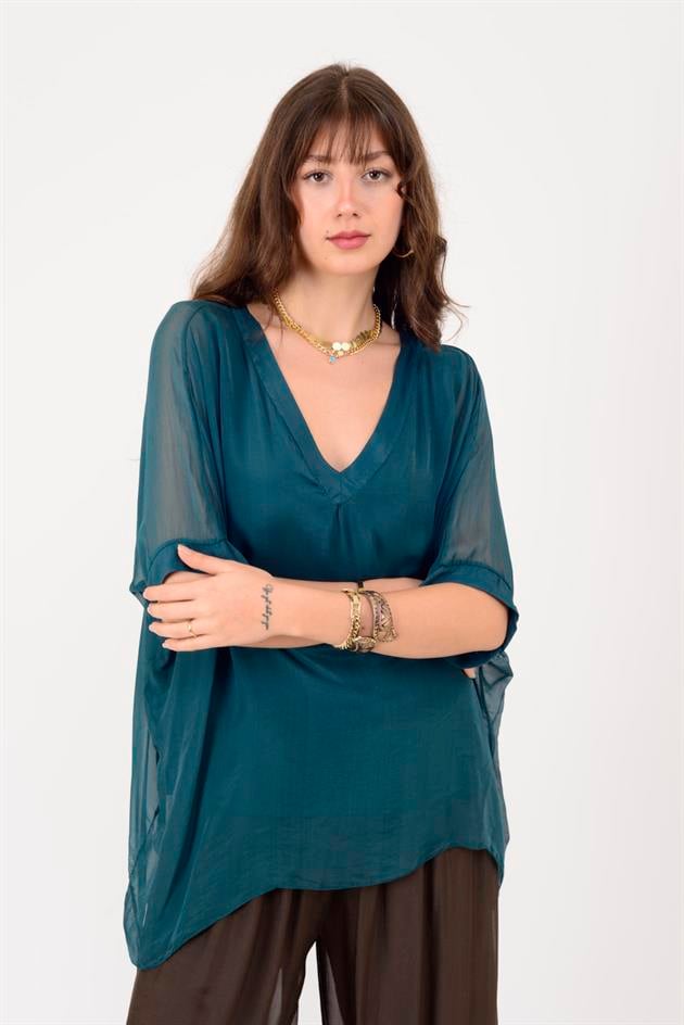2967 DÜZ DESEN V YAKA İPEK BLUZ