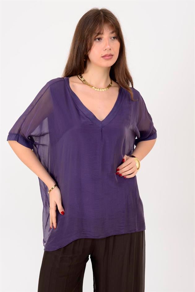 2967 DÜZ DESEN V YAKA İPEK BLUZ