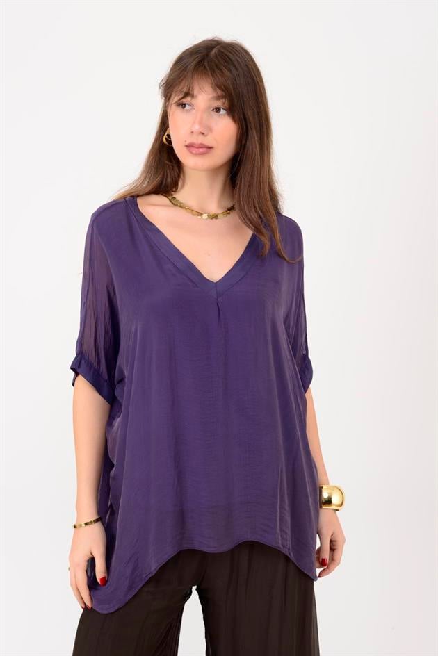 2967 DÜZ DESEN V YAKA İPEK BLUZ