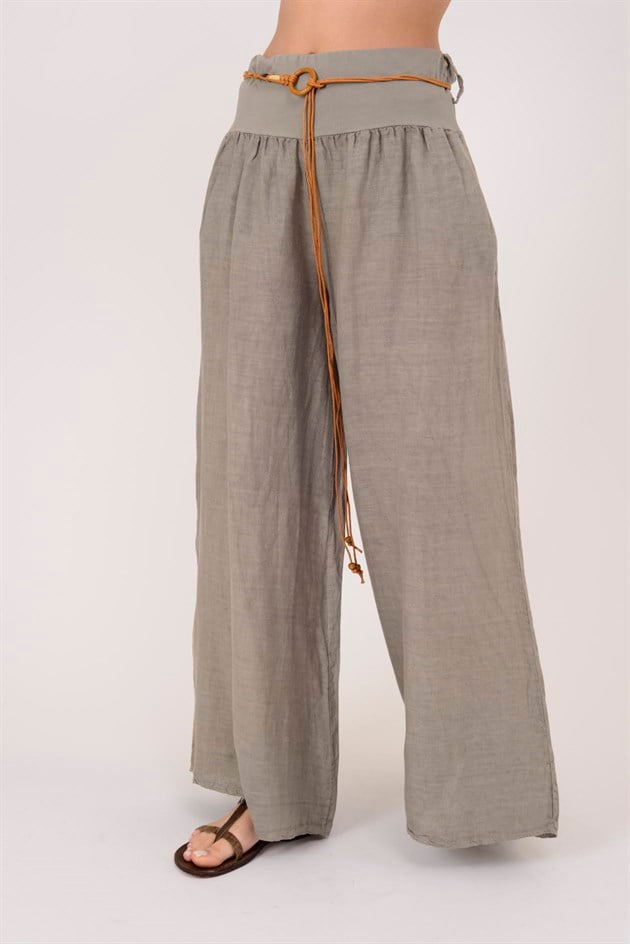 30343 GENİŞ PAÇA KEMERLİ KETEN PANTOLON
