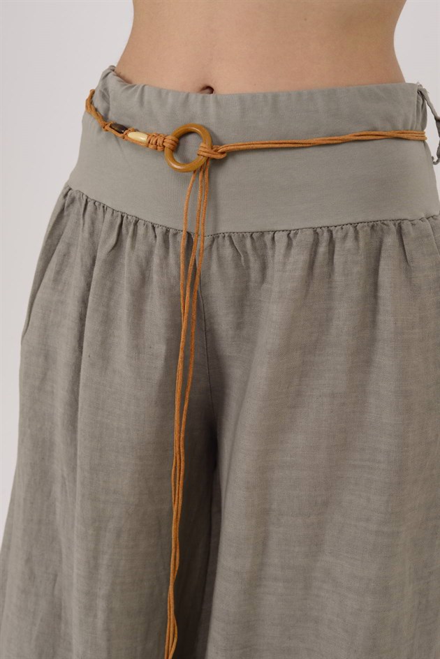 30343 GENİŞ PAÇA KEMERLİ KETEN PANTOLON