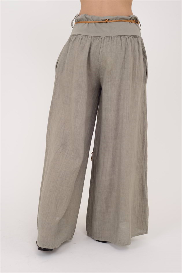 30343 GENİŞ PAÇA KEMERLİ KETEN PANTOLON