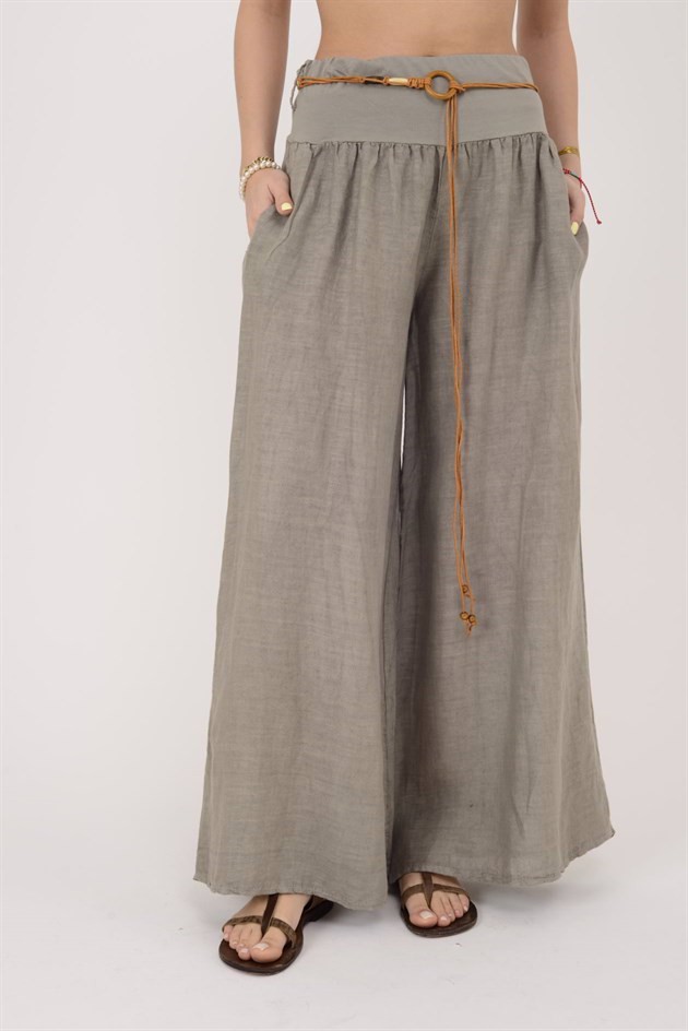30343 GENİŞ PAÇA KEMERLİ KETEN PANTOLON