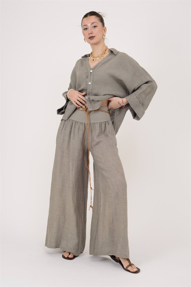30343 GENİŞ PAÇA KEMERLİ KETEN PANTOLON