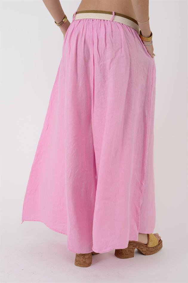 30522 KEMER DETAYLI PALAZZO GENİŞ PAÇA KETEN PANTOLON