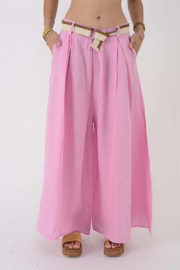 30522 KEMER DETAYLI PALAZZO GENİŞ PAÇA KETEN PANTOLON