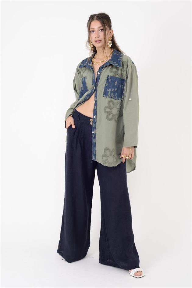 30550 DÜĞME DETAYLI PİLELİ PALAZZO KETEN PANTOLON