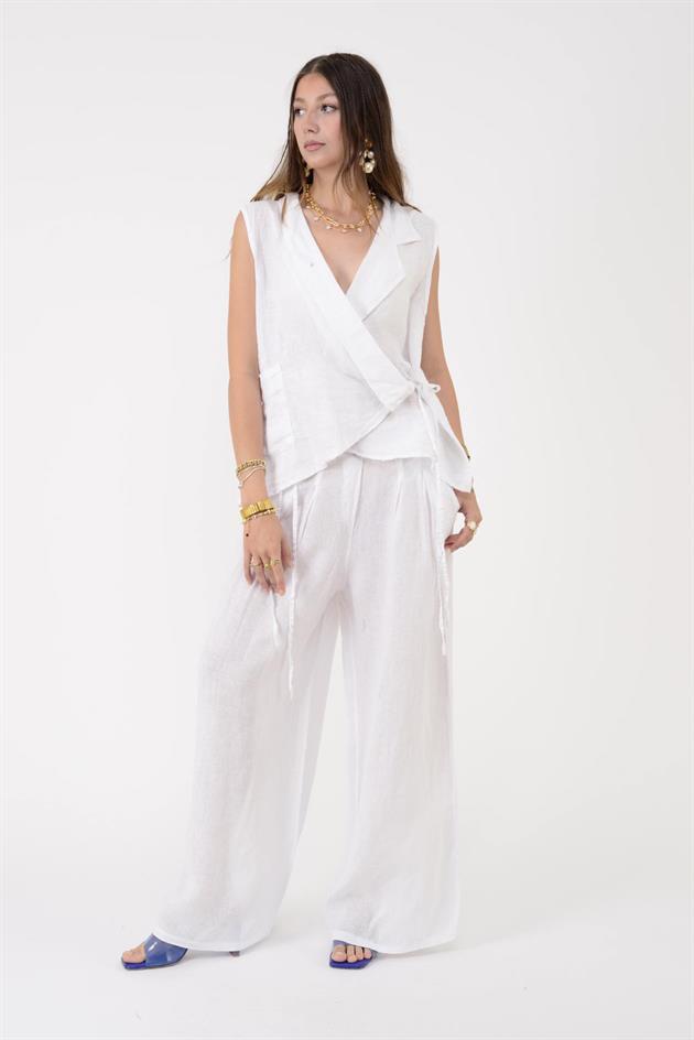 30550 DÜĞME DETAYLI PİLELİ PALAZZO KETEN PANTOLON