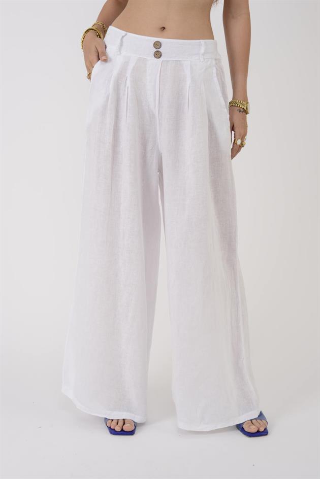 30550 DÜĞME DETAYLI PİLELİ PALAZZO KETEN PANTOLON