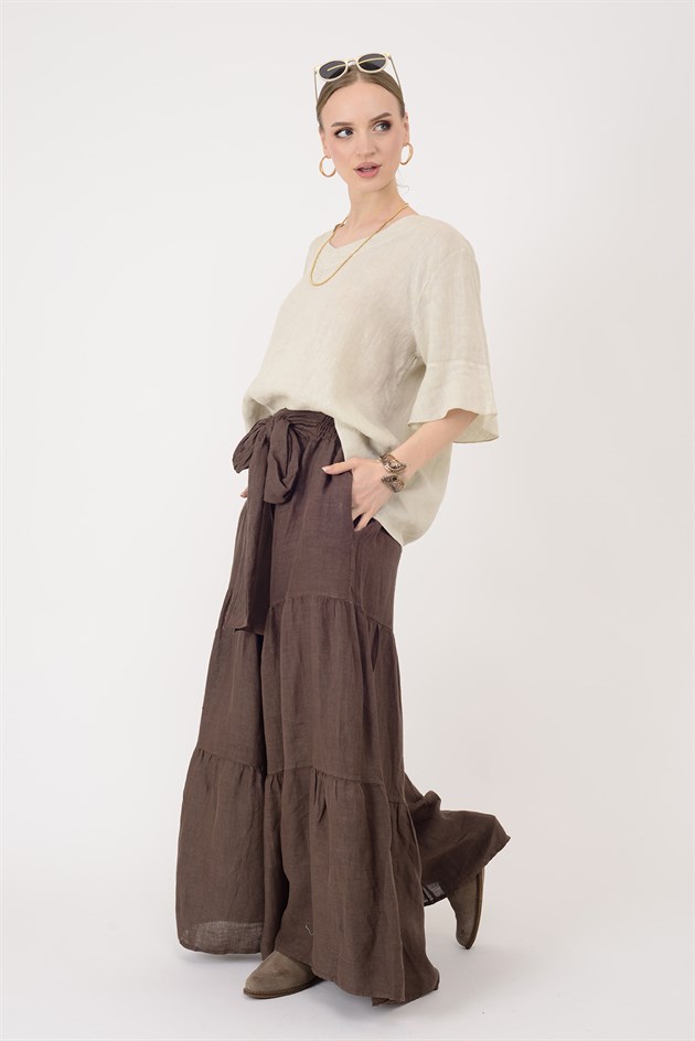 30560 FİYONK DETAYLI VOLAN KETEN PANTOLON
