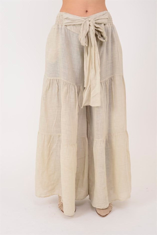 30560 FİYONK DETAYLI VOLAN KETEN PANTOLON
