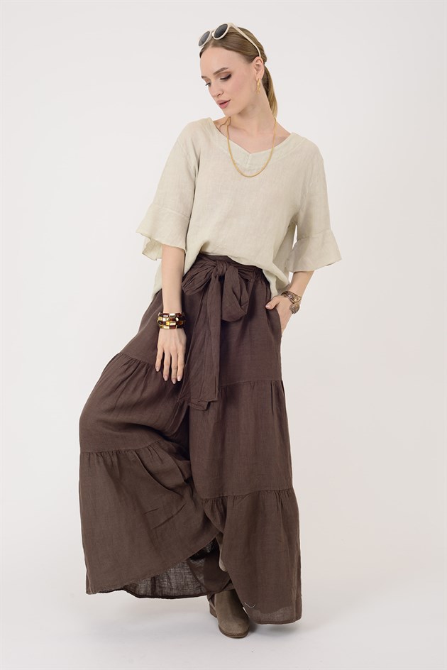 30560 FİYONK DETAYLI VOLAN KETEN PANTOLON