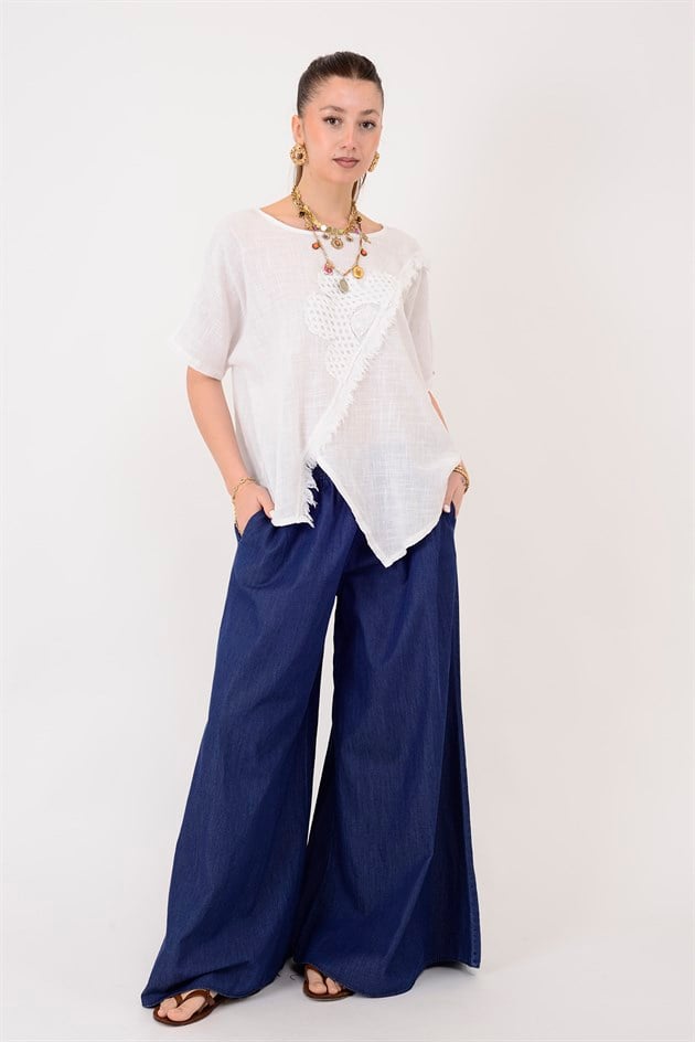 3138 ASİMETRİK ÇİÇEK İŞLEMELİ0 BLUZ