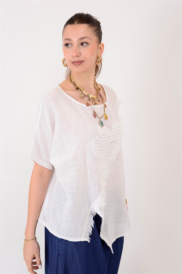 3138 ASİMETRİK ÇİÇEK İŞLEMELİ0 BLUZ