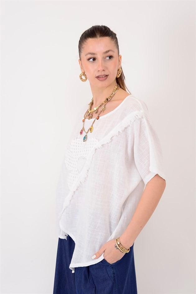 3138 ASİMETRİK ÇİÇEK İŞLEMELİ0 BLUZ