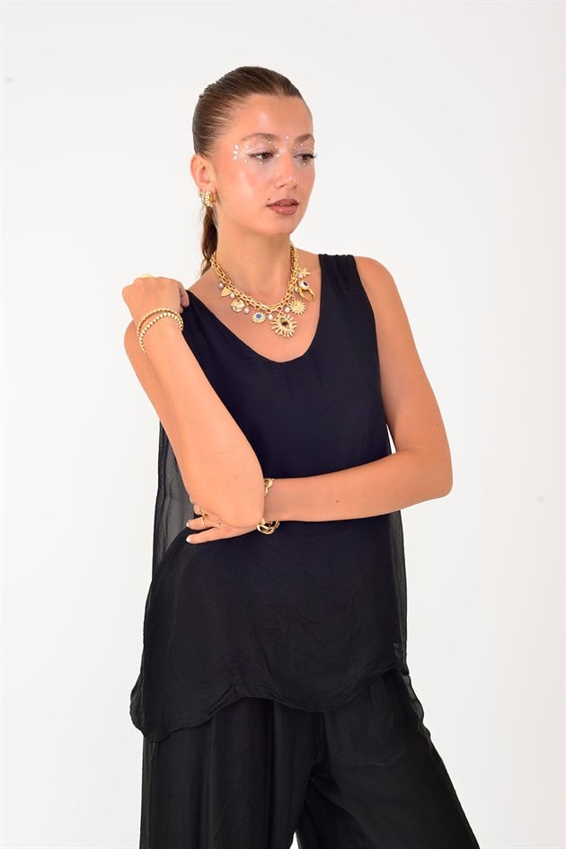 3382 V YAKA KOLSUZ İPEK BLUZ