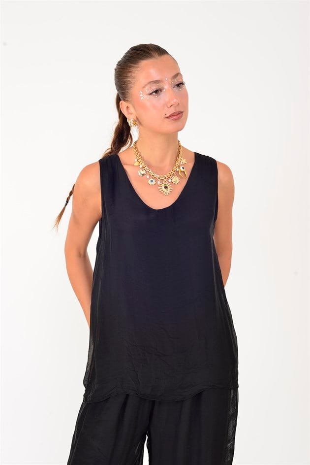 3382 V YAKA KOLSUZ İPEK BLUZ