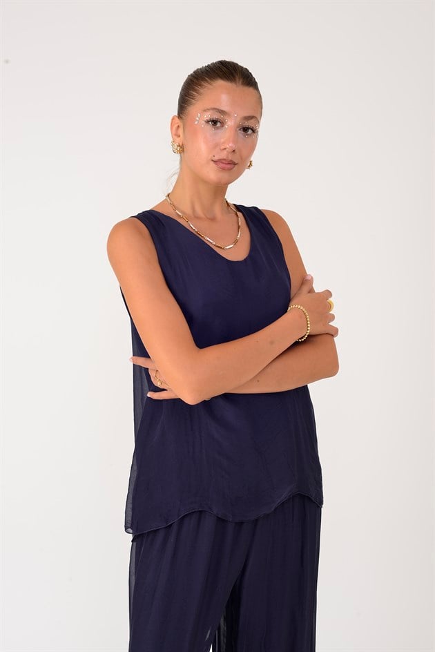 3382 V YAKA KOLSUZ İPEK BLUZ
