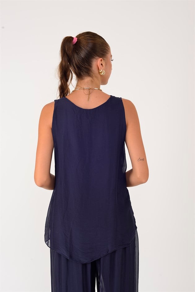 3382 V YAKA KOLSUZ İPEK BLUZ