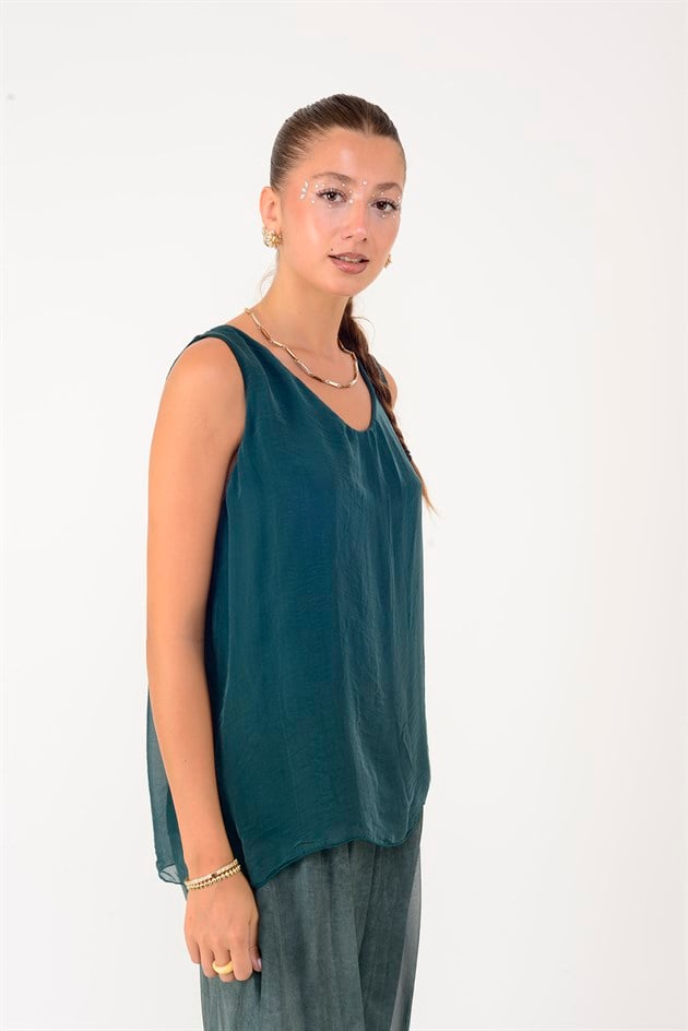 3382 V YAKA KOLSUZ İPEK BLUZ