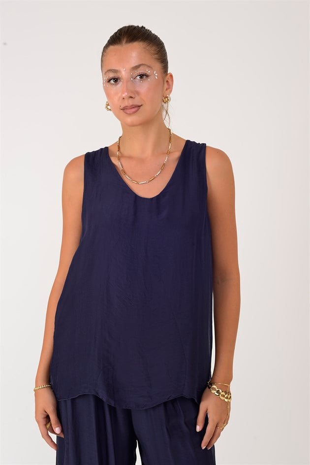 3382 V YAKA KOLSUZ İPEK BLUZ