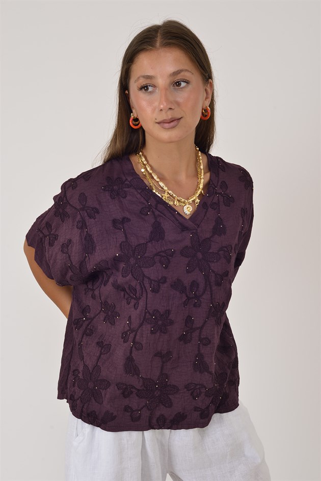 36592 KABARTMALI NAKIŞ DETAYLI PAYETLİ BLUZ