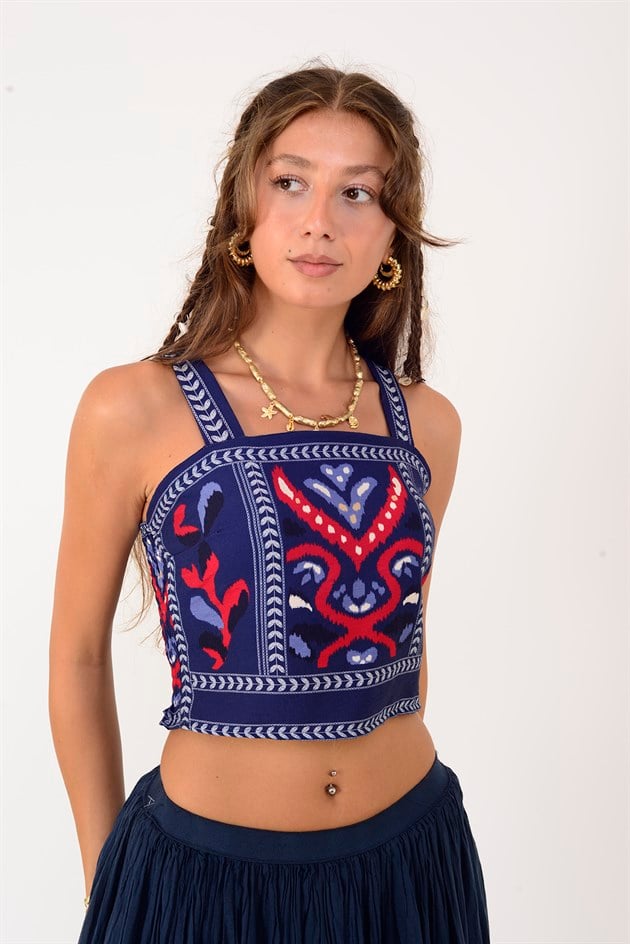 37194 ETNİK DESEN KALIN ASKILI BLUZ