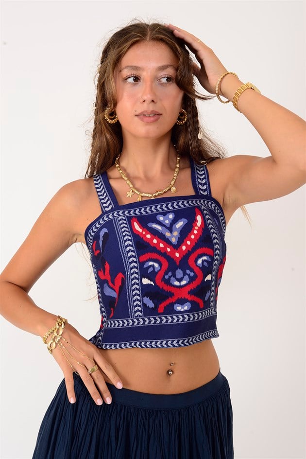 37194 ETNİK DESEN KALIN ASKILI BLUZ