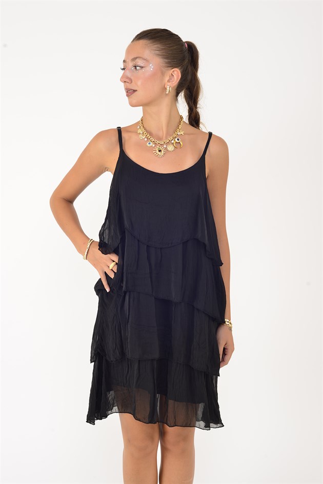 3726 ASKILI KAT KAT KISA İPEK ELBİSE