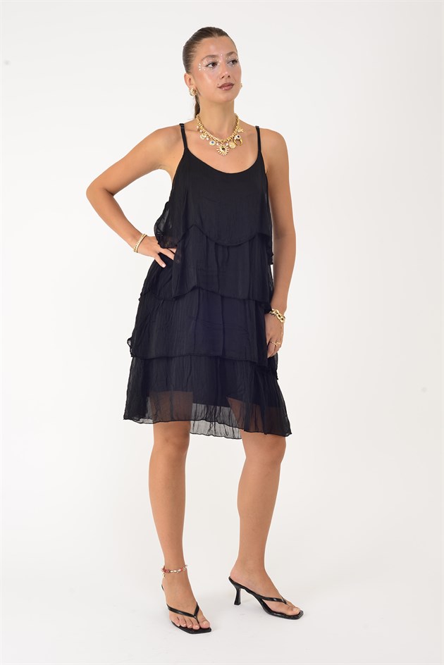 3726 ASKILI KAT KAT KISA İPEK ELBİSE