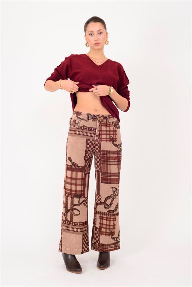 380213 ETNİK DESEN FİTİLLİ KADİFE PANTOLON