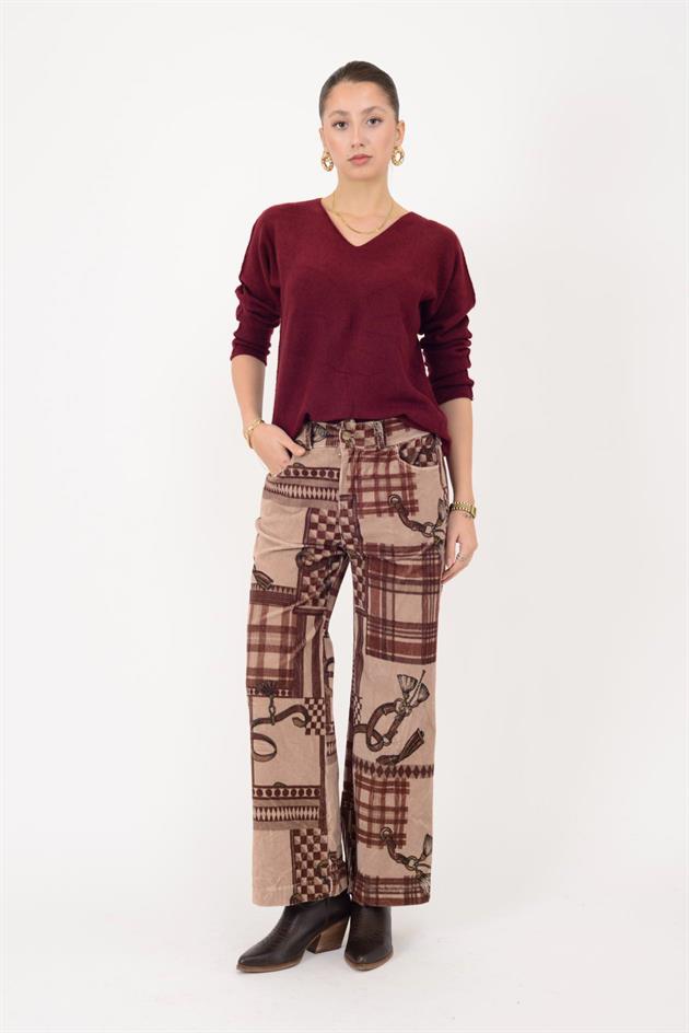 380213 ETNİK DESEN FİTİLLİ KADİFE PANTOLON