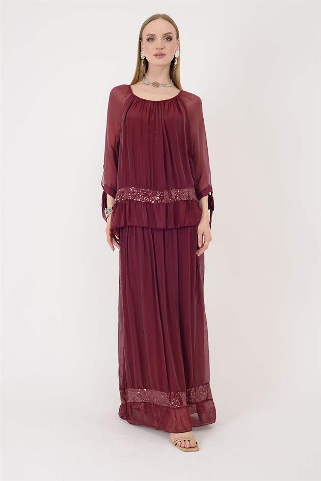 3845 MADONNA YAKA PAYET DETAY İPEK ELBİSE