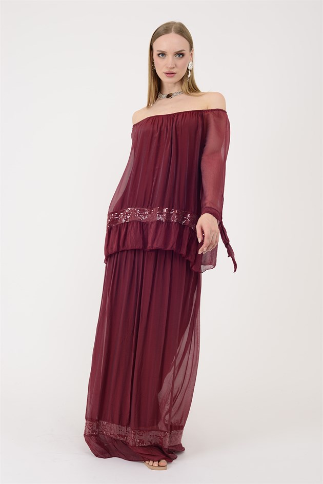 3845 MADONNA YAKA PAYET DETAY İPEK ELBİSE