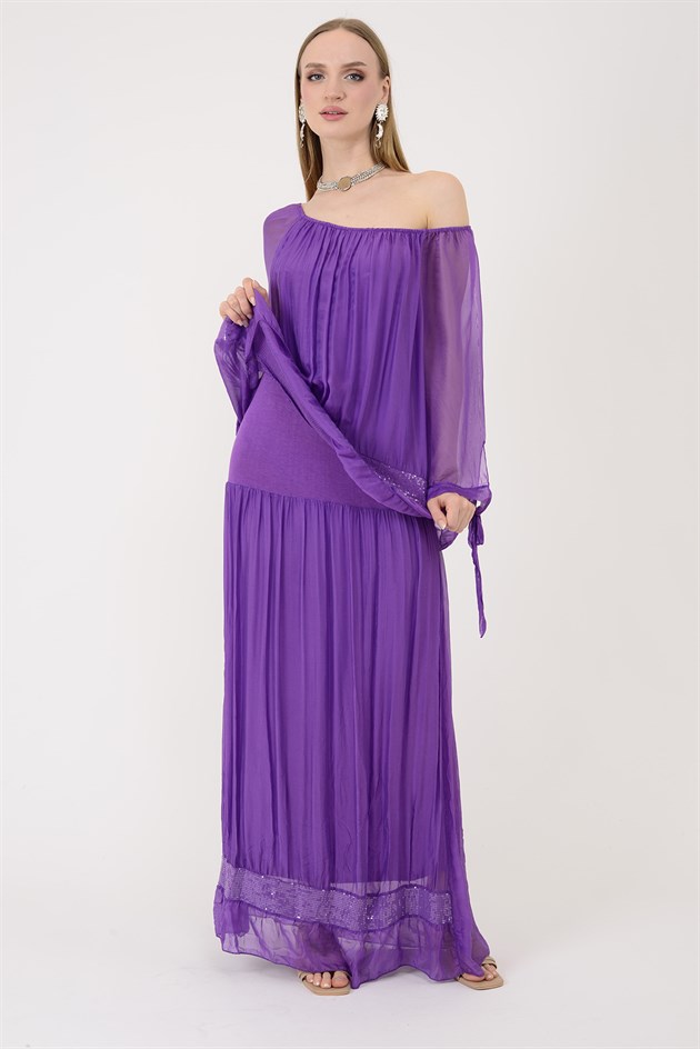 3845 MADONNA YAKA PAYET DETAY İPEK ELBİSE