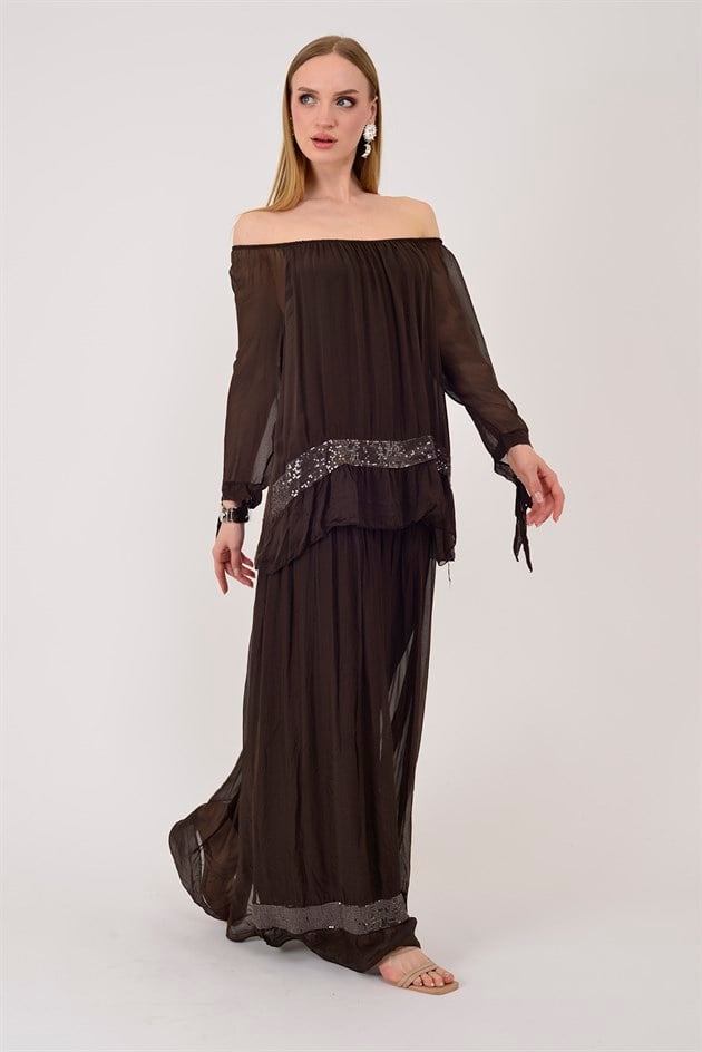 3845 MADONNA YAKA PAYET DETAY İPEK ELBİSE