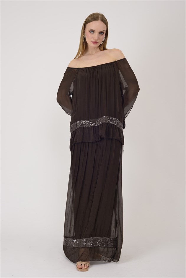 3845 MADONNA YAKA PAYET DETAY İPEK ELBİSE