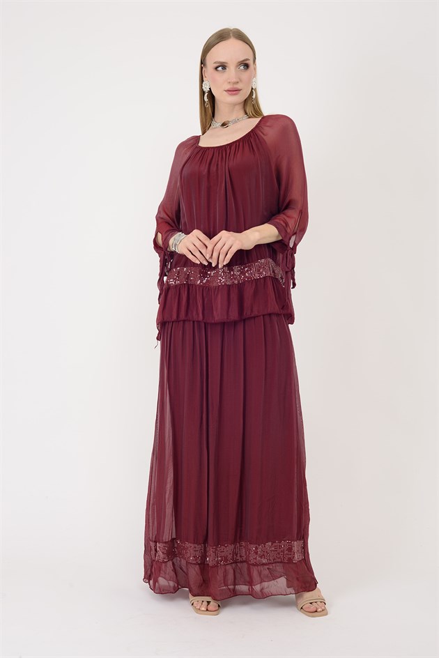 3845 MADONNA YAKA PAYET DETAY İPEK ELBİSE