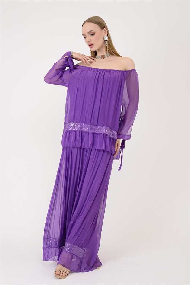 3845 MADONNA YAKA PAYET DETAY İPEK ELBİSE