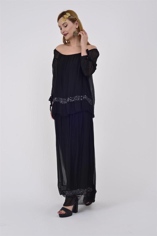 3845 MADONNA YAKA PAYET DETAY İPEK ELBİSE