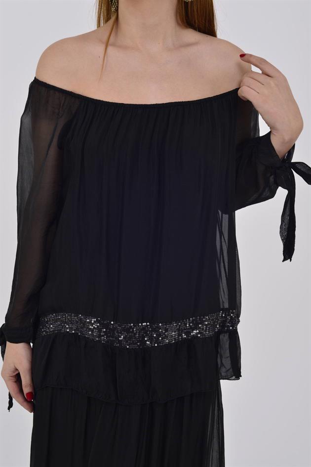 3845 MADONNA YAKA PAYET DETAY İPEK ELBİSE